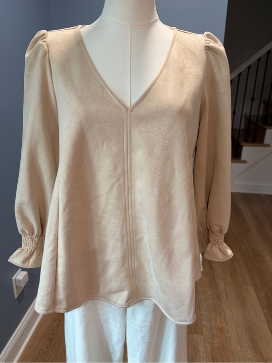Tuckernuck Tops - Tuckernuck Easton Faux Suede V Neck Puff Sleeve Blouse Beige Small